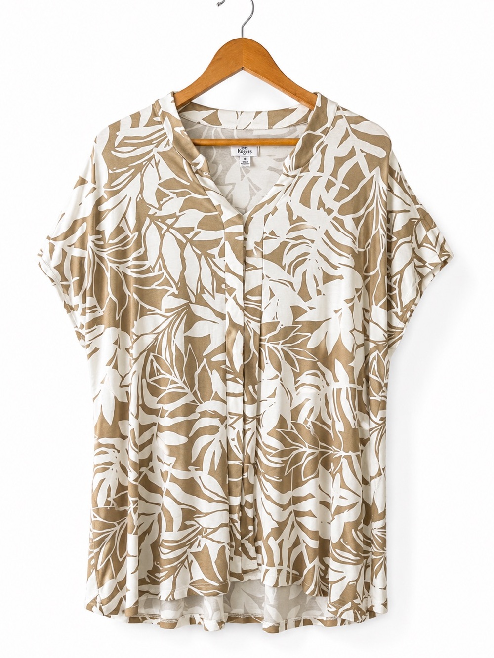 Kim Rogers Tan and White Leaf Print V-Neck Tunic - Size XXL